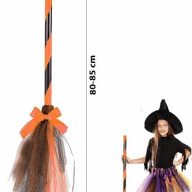 Turuncu Cadı Süpürgesi - Halloween Siyah Fiyonklu Tüllü Cadı Süpürgesi 80-85 cm