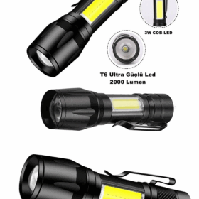 Ultra Çift Yönlü Güçlü Pilli Led El Feneri 2000 Lümen + 6w Cob Led Su Geçirmez Zoomlu 3 Modlu