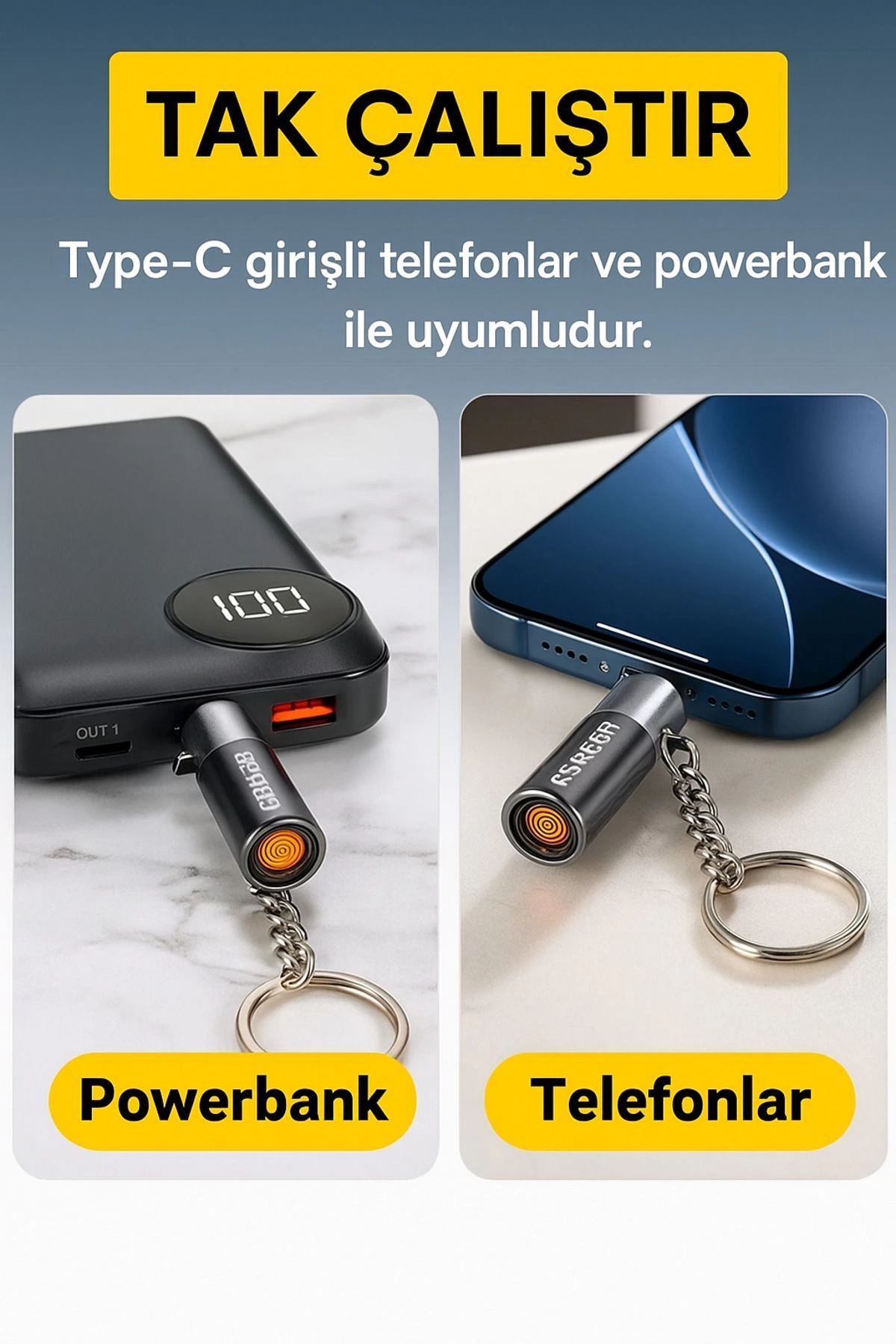 USB-C Çakmak Telefon Hemen Kullanım Taşınabilir Acil Durum Çakmağı Kamp Seyahat ve Günlük Kullanım - Görsel 3