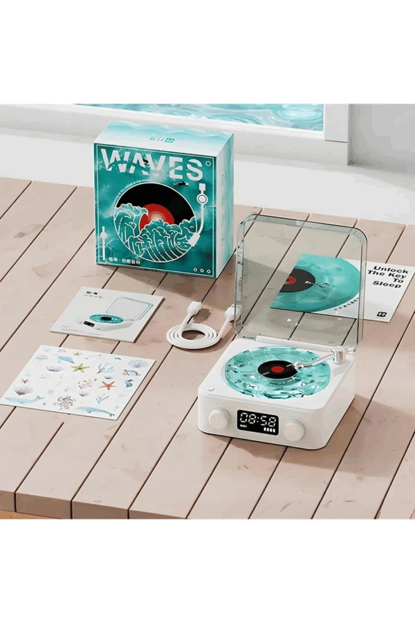 Waves Nostalji Plak Görünümlü Bluetooth Hoparlör 3d Ses Dalgası Retro Müzik Plak Mavi - Görsel 4