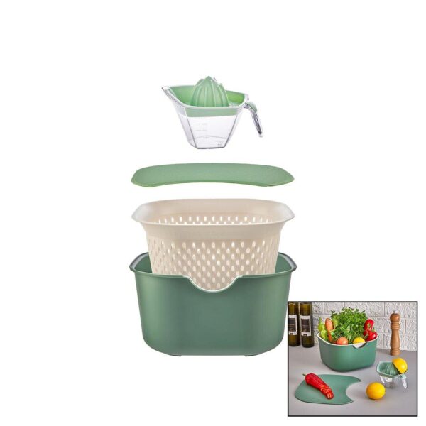 YEŞİL 5PCS MUTFAK SETİ PLS.KARIŞTIRMA KAP=4LT - SÜZGEÇ=3.5LT - KESİM PANO - SIKACAK=0.25LT (K0)