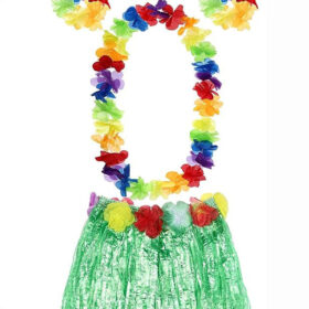 Yetişkin ve Çocuk Uyumlu Luau Aloha Hawaii Yeşil Etek ve Renkli Kolye Taç 2 Adet Bileklik Seti (K0)