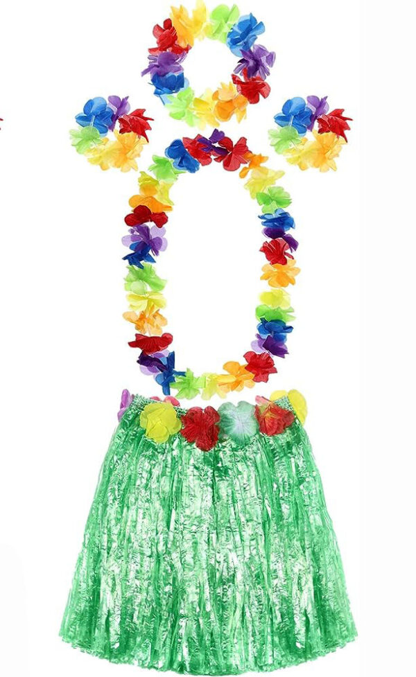 Yetişkin ve Çocuk Uyumlu Luau Aloha Hawaii Yeşil Etek ve Renkli Kolye Taç 2 Adet Bileklik Seti (K0)