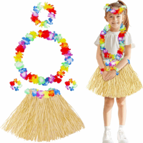 Yetişkin Çocuk Hawaii Parti Seti - 40 Cm Naturel Etek + Çiçek Aksesuarlar (5 Parça)