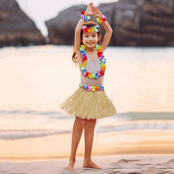 Yetişkin Çocuk Hawaii Parti Seti - 40 Cm Naturel Etek + Çiçek Aksesuarlar (5 Parça) - Görsel 4