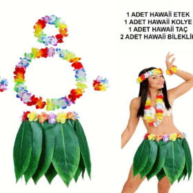 Yetişkin Hawaii Kostüm Seti - Yaprak Etek  Hawaii Set - 5 Parça
