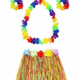 Yetişkin Ve Çocuk Uyumlu Luau Aloha Hawaii  Kolye Renkli Etek Taç Ve Bileklik Seti