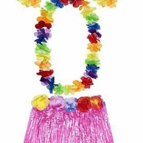Yetişkin Ve Çocuk Uyumlu Luau Aloha Hawaii Pembe Etek Ve Renkli Kolye Taç 2 Adet Bileklik Seti
