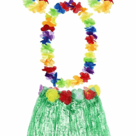 Yetişkin Ve Çocuk Uyumlu Luau Aloha Hawaii Yeşil Etek Ve Renkli Kolye Taç 2 Adet Bileklik Seti
