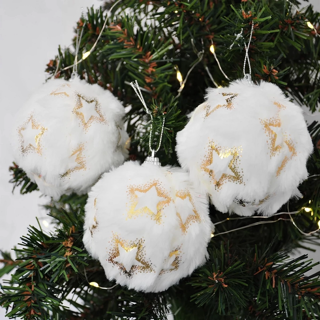 Çocuk Yılbaşı Ağaç Süsleme Topu Peluş Yıldızlı 3'lü Pvc Kutu 8 cm - Görsel 2