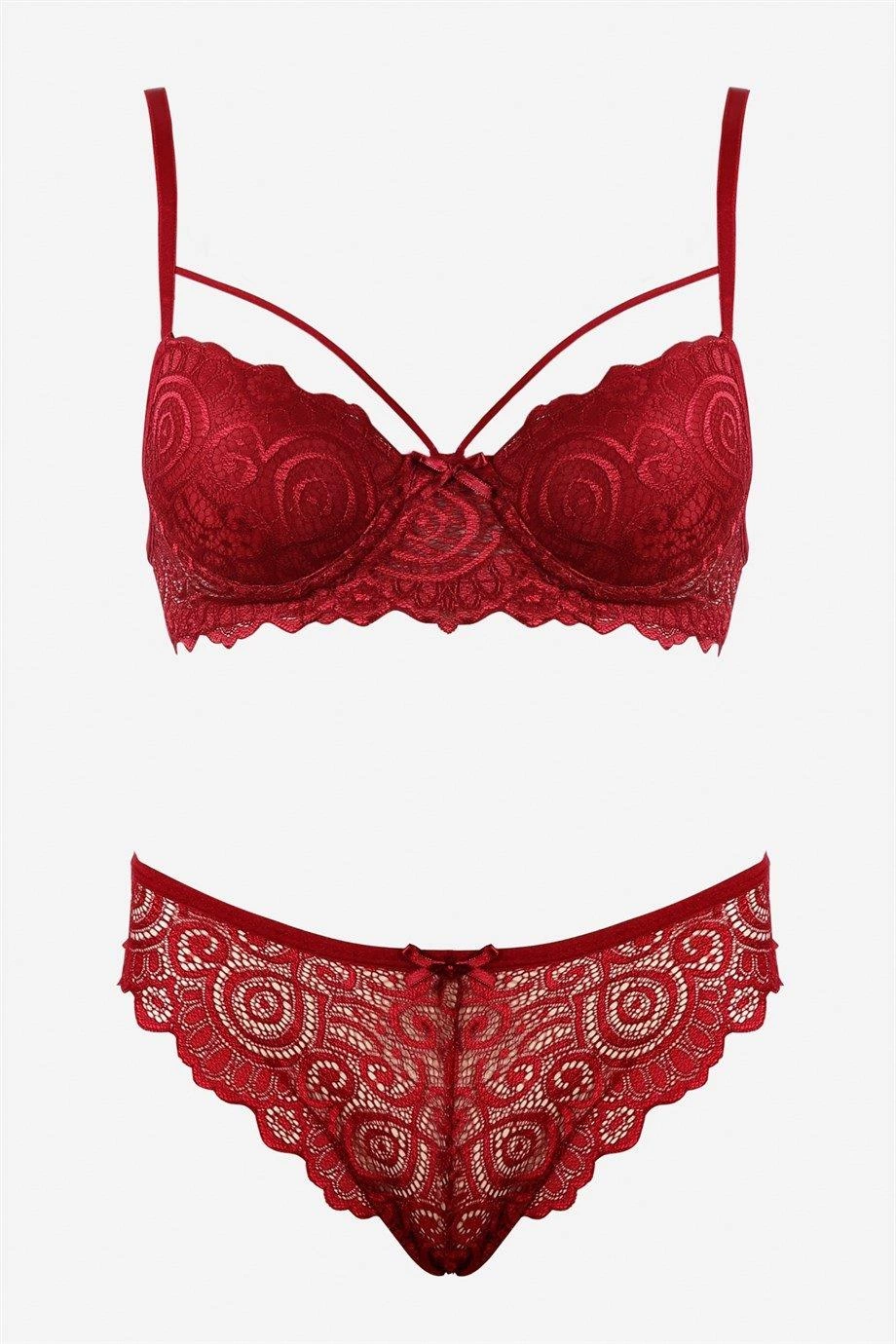 Bordo Dantelli Tek İp Detaylı Şık Sütyen Takım 19011 - Görsel 5