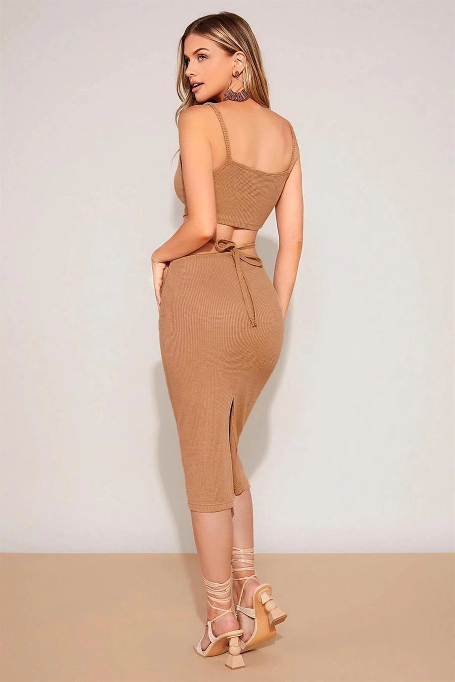 Cappuccino Belden İp Detaylı Etek Crop Takım BN6575C - Görsel 4