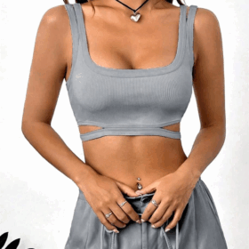 Gri Çift Askılı Göğüs Altı Detaylı Crop BN6573G