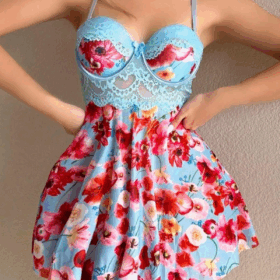 Mavi Rüya Gecesi Çiçekli Askılı Mini Gecelik 15628