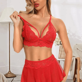 Özel Bölgesi Açık Kırmızı Etekli Bralet Sütyen Takım 16016