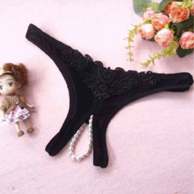 Siyah Dantelli İnci Detaylı Özel Bölgesi Açık Fantazi Tanga 18007