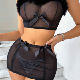 Siyah Peluş Detaylı Likralı Transparan Gecelik 18507