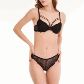 Siyah Dantelli Çift İp Detaylı Şık Sütyen Takım 19004