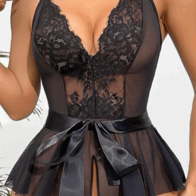  Siyah Özel Bölgesi Açık Kuşaklı Gecelik 15037