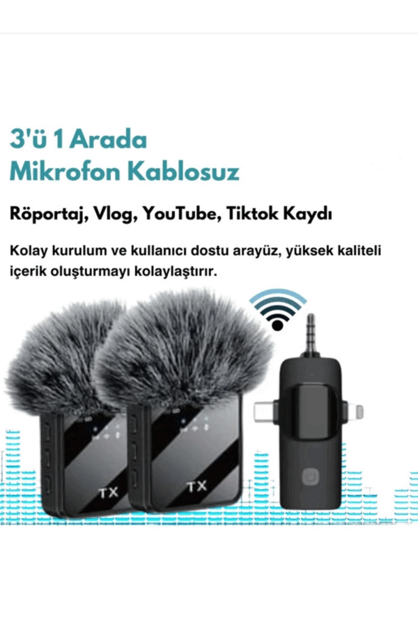 Yüksek Kalite Profesyonel 3 In 1 Kablosuz Taşınabilir Yaka Mikrofonu Tüylü - Görsel 4