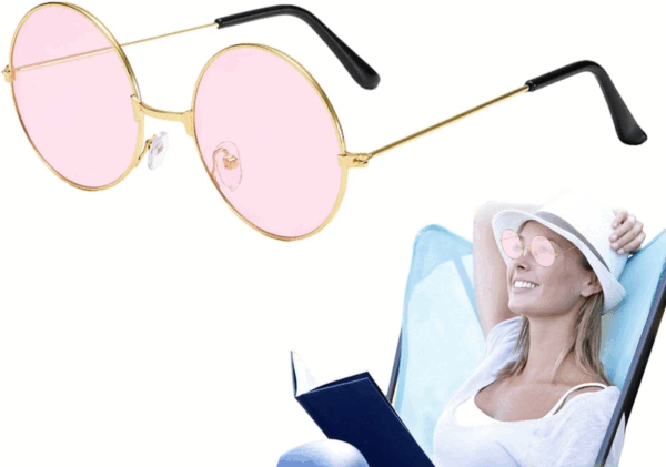Yulak Cam John Lennon Tarzı Hippi Gold Çerçeveli Pembe Gözlük - Görsel 2